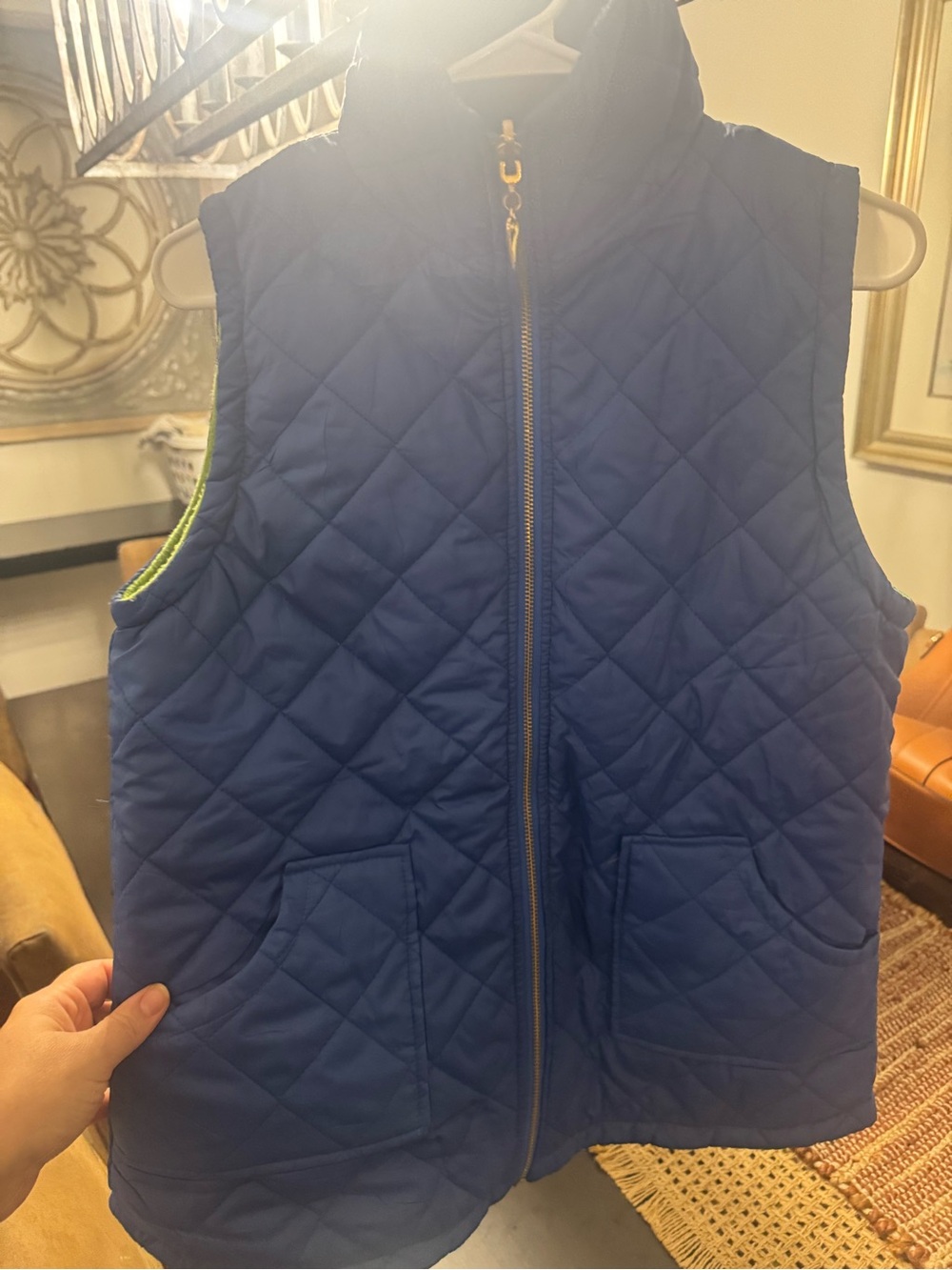 Quilted Blue Sleeveless Puffer Vest with Gold Zip